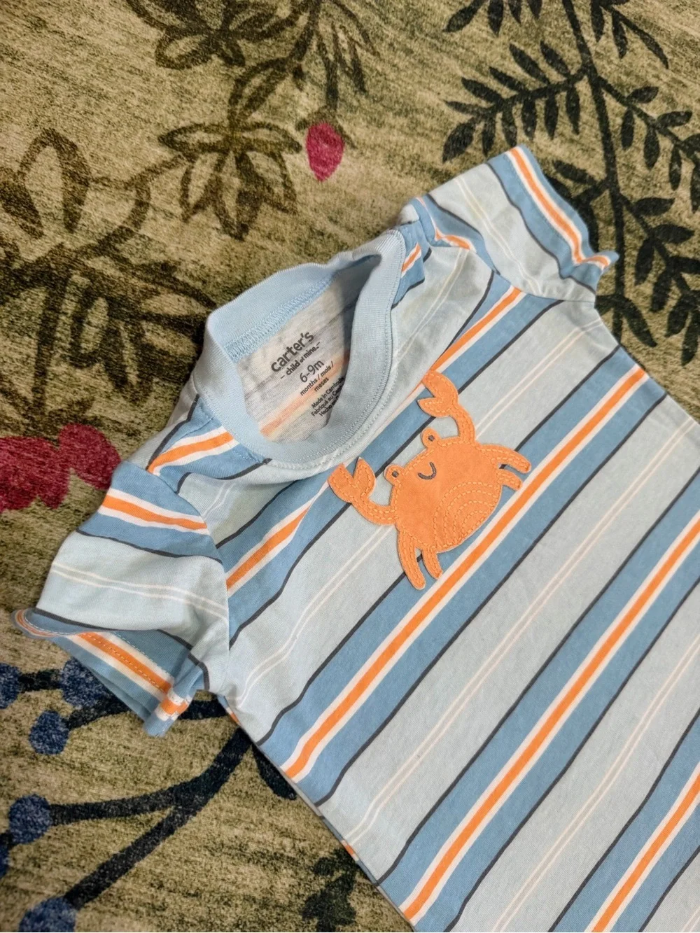 Carter's Light Blue & Orange Striped Crab Romper 6-9 Months Baby Boy
